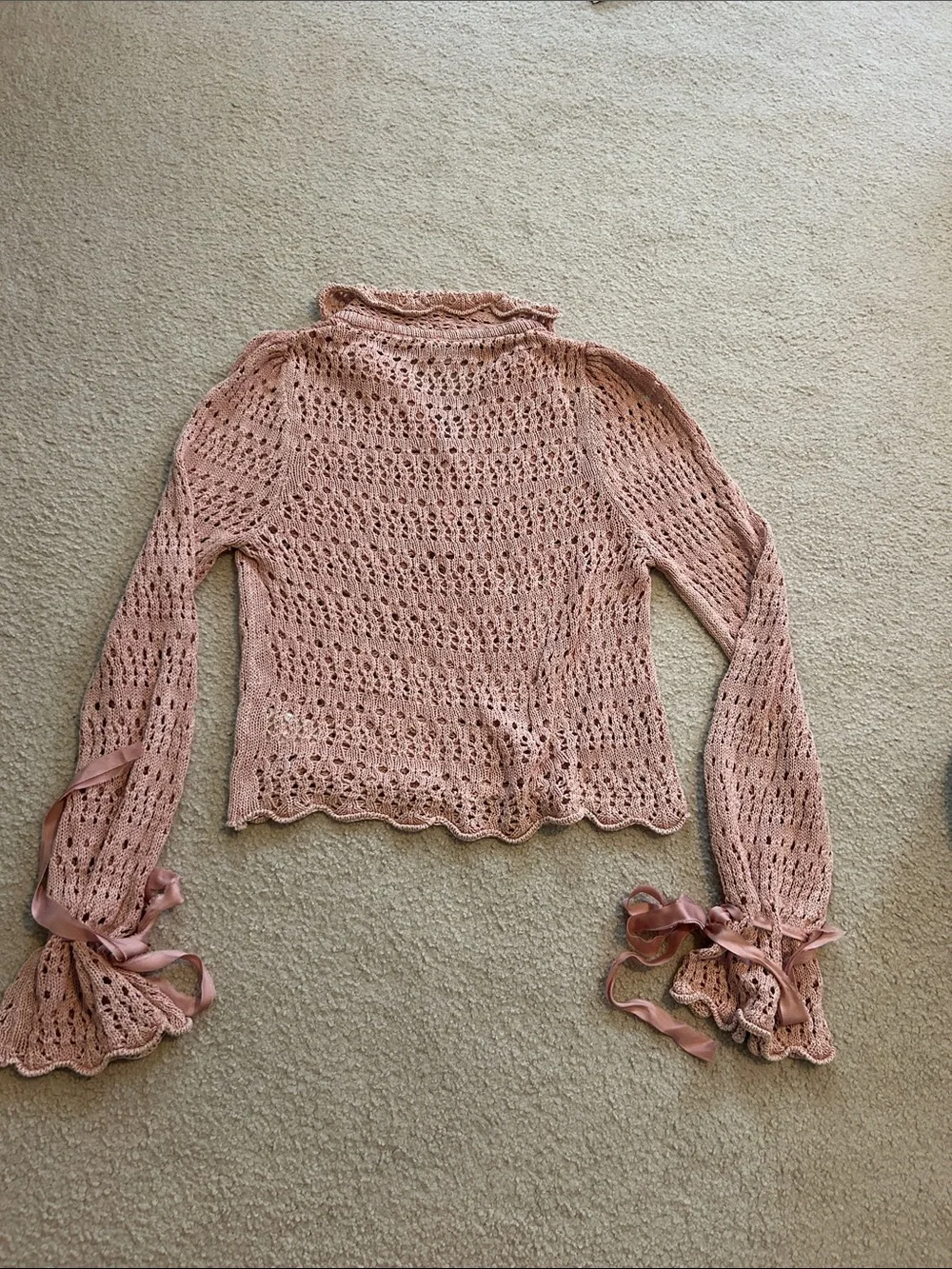 Free People Delicate Pink Crochet Long-Sleeve Sweater Top
